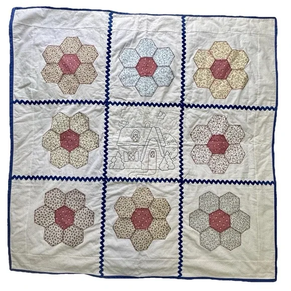 Quilt Handmade Patchwork Honeycomb Flowers Embroidery House 42