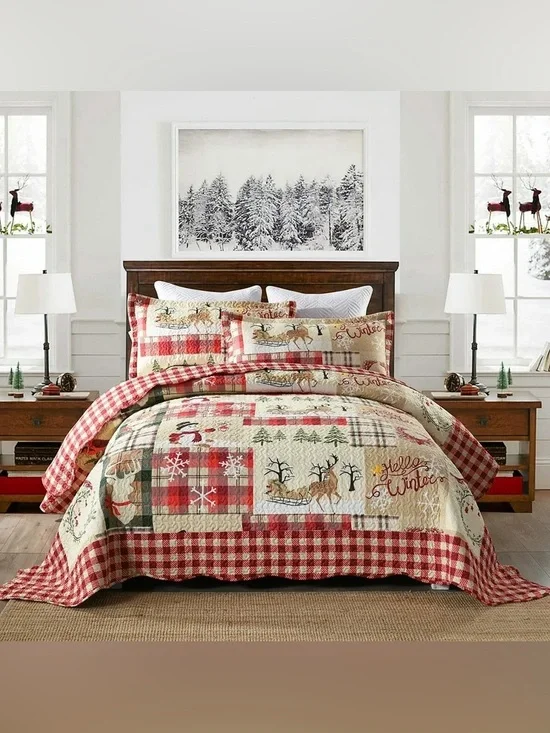 Rustic Red Plaid Winter Queen 3 piece Quilt Set