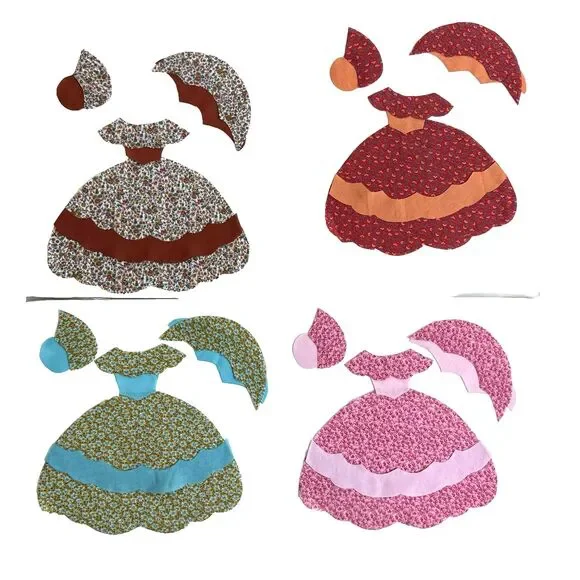 4 Vintage Sunbonnet Sue Southern Belle Quilt Applique Cut Out Pieces for Quilts
