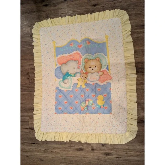 VTG Baby Crib Quilt Blanket Bear Elephant Duck Hearts Nursery Handmade Ruffle