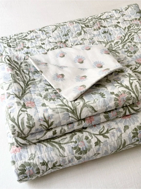 Nicole Miller Home Floral Cotton Reversible Quilt Set  - Pastel Pink Green Blue