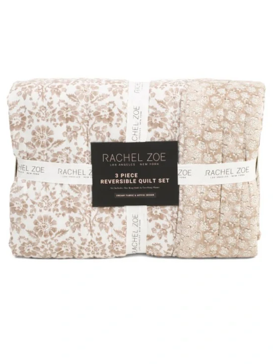 Rachel Zoe Reversible Quilt Set in Beige Floral and Cream Texture