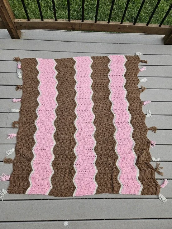 48x43 Brown and pink chevron crochet blanket with white stripes and tassels #che
