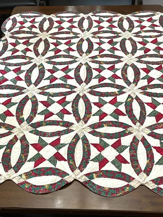 Handmade Double Wedding Ring Country Star Red Green Cream Lap Quilt Wall Hanging