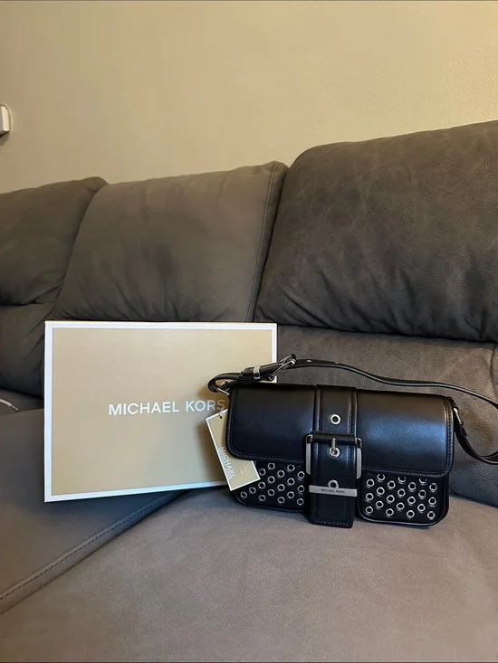 Michael Kors Black Leather Grommet Buckle Crossbody