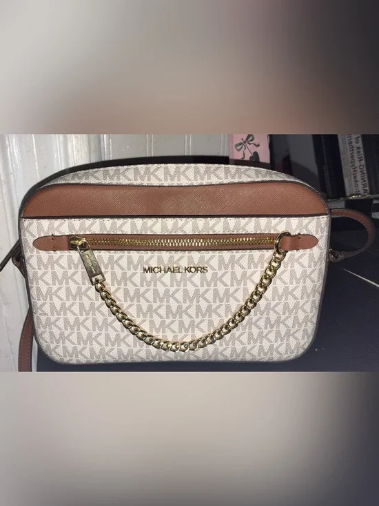 Michael Kors Cream Signature Crossbody with Brown Trim and Gold Chain