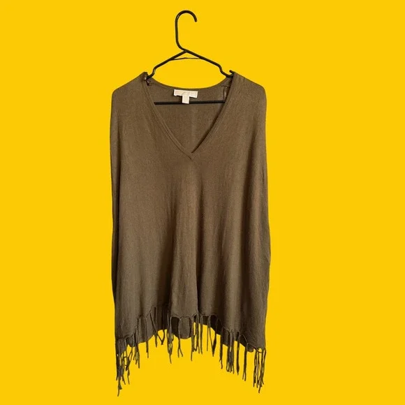 Michael Kors Olive Green V-Neck Fringe Knit Poncho Sweater PM/PL
