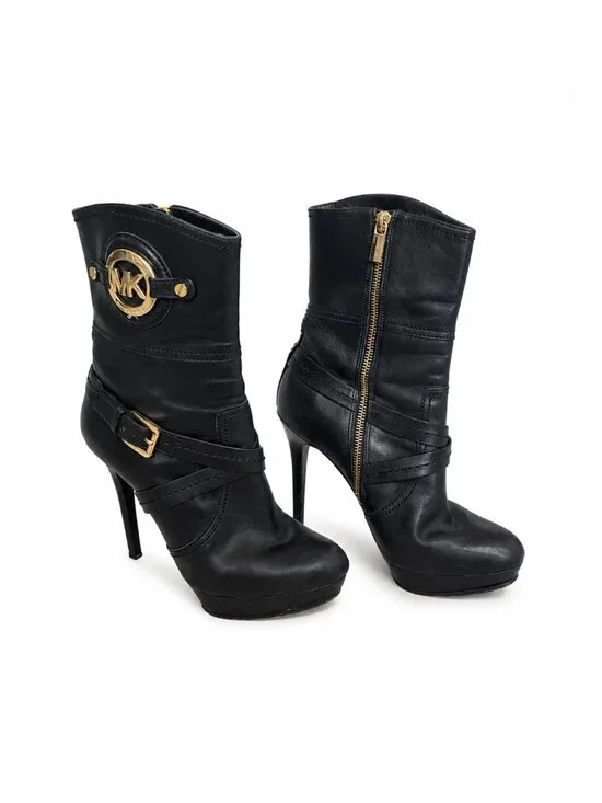 Michael Kors Black Leather Platform Stiletto Boots Gold Logo 7.5