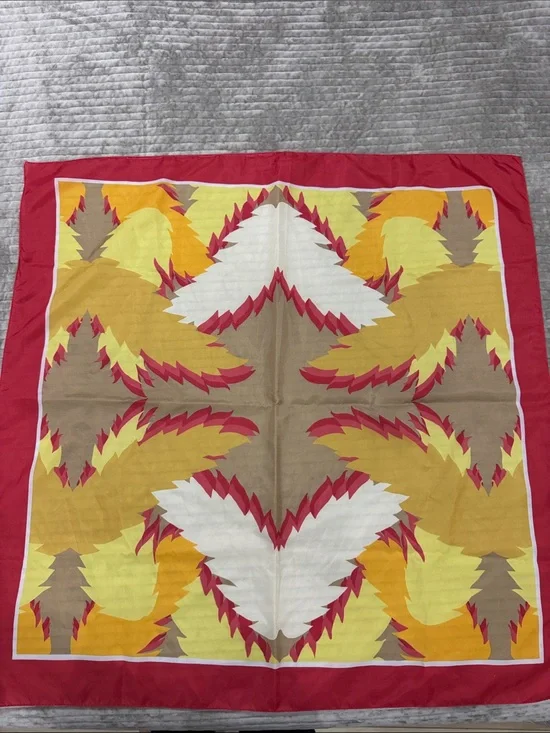 Vibrant Feather-Print Square Scarf in Red, Yellow, Tan