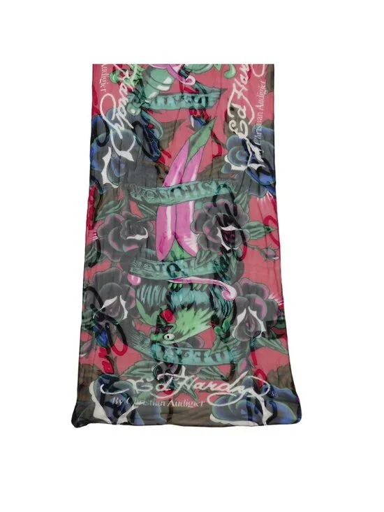 Ed Hardy All Silk Red Green Black Rectangle Scarf Graphic Tattoo Roses Eagle Y2K