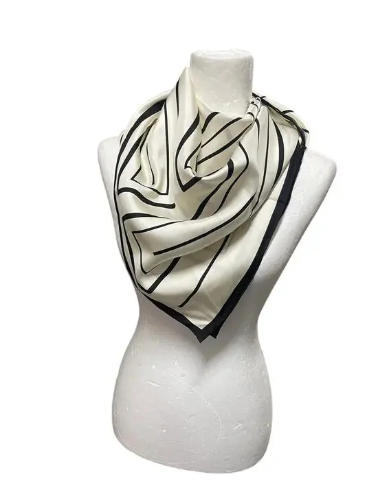 NWT Lafayette 148 Silk Twill Scarf Signature L Beam Cloud Multi Ivory Black