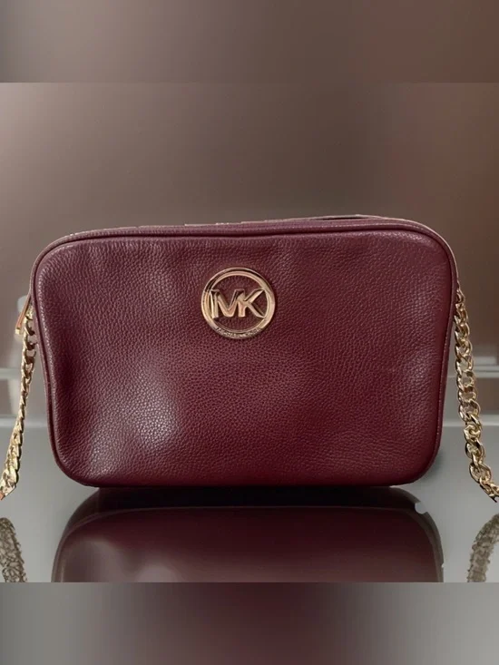 Michael Kors Burgundy Pebbled Leather Crossbody with Gold MK Logo