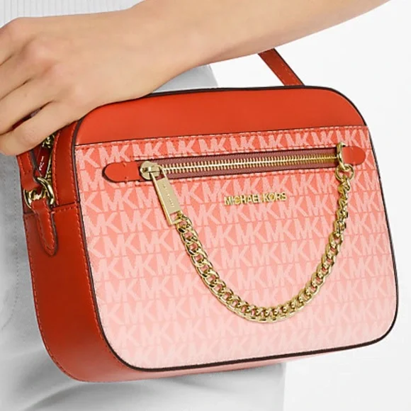Michael Kors Jet Set Lg East West Ombré Signature Logo Crossbody Bag Red Clay