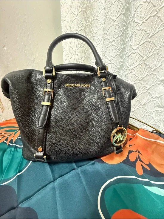 Michael Kors Black Pebbled Leather Satchel with Gold Hardware