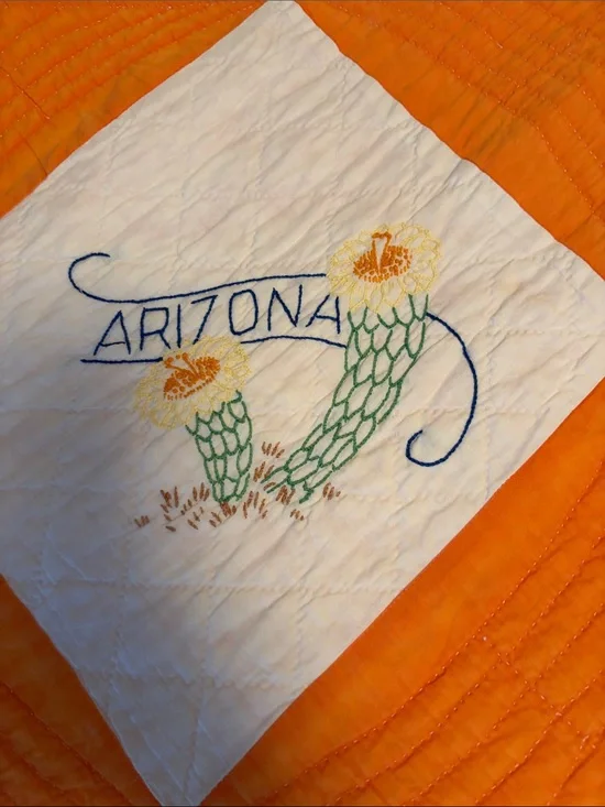 Vintage Patchwork Quilt with Every State Hand Embroidered on a square.