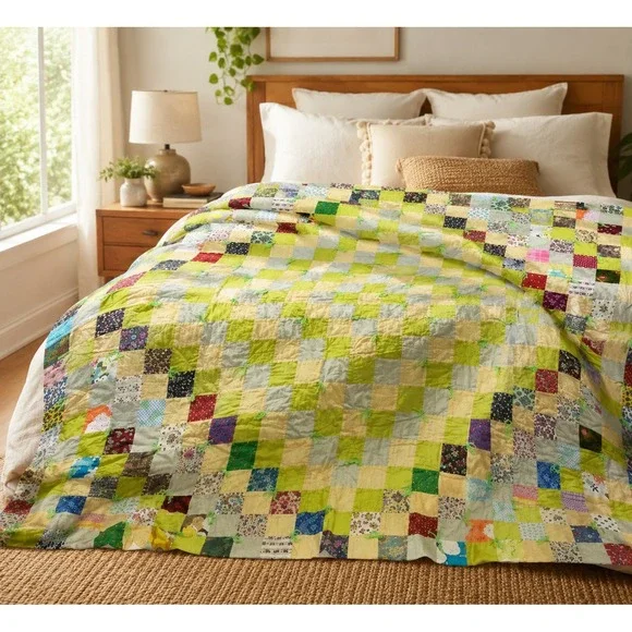Vintage Patchwork‎ Quilt Cottagecore Full Topper Green Yellow