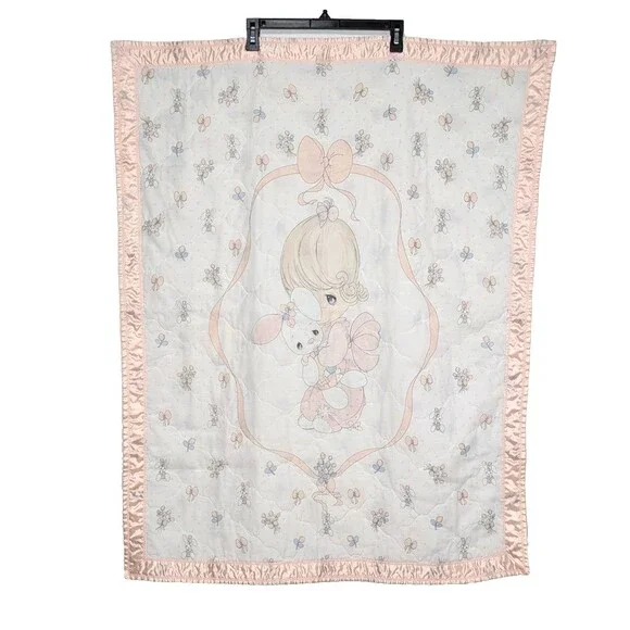 Precious Moments Handmade Baby Girl Blanket Quilt Pink Edge Vintage