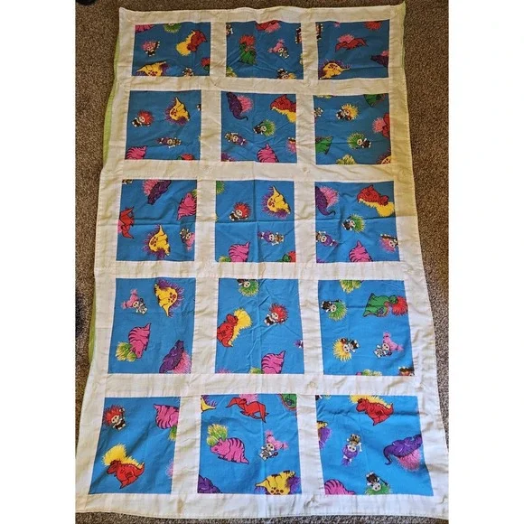 Vintage Trolls Quilt‎ Handmade Patchwork Blanket Retro 90s Kids Throw Colorful