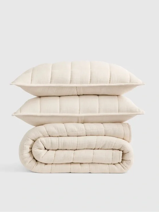 QUINCE Organic Cotton Gauze Box Quilt Set Full/Queen Ivory 9784