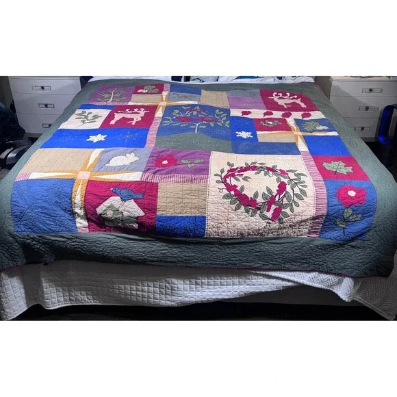 VTG Folk‎ Art Quilt Queen Hand Appliqué Woodland Christmas Patchwork Farmhouse