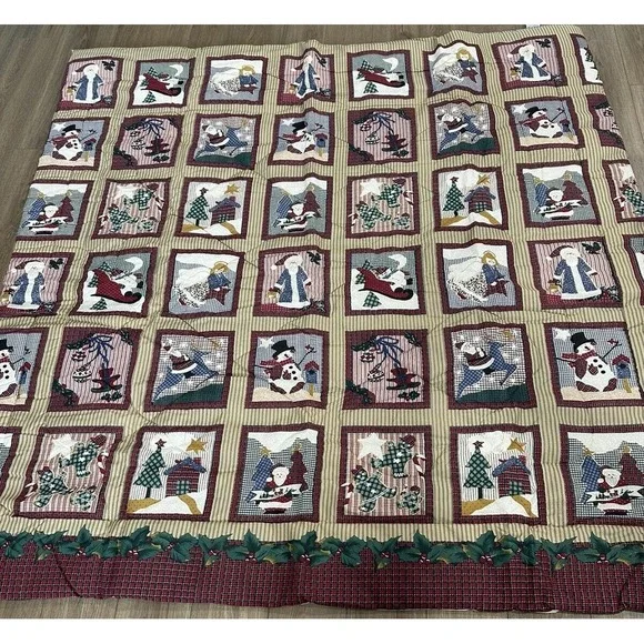 Vintage‎ Christmas Queen Bedspread Santa Claus, Christmas Trees, Snowman NEW