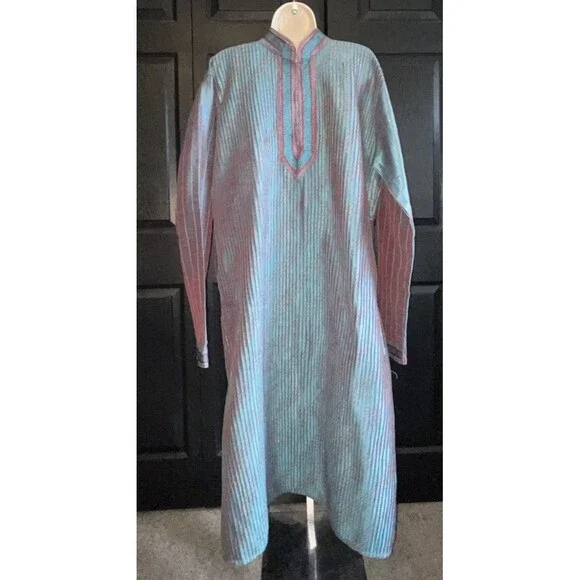 Teal Pleated Kaftan Prayer Gown Sz 42 Embroidered Mandarin Collar Eid Maxi Dress