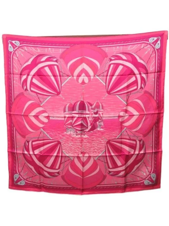 Hermes Tagged Spinnakers Carre 90 Scarf Shawl All Over Pattern Silk 100% Pink