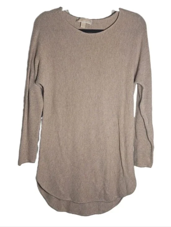 Michael Kors Waffle Knit Tan Beige Casual Tunic Sweater W High Low Hem Size M