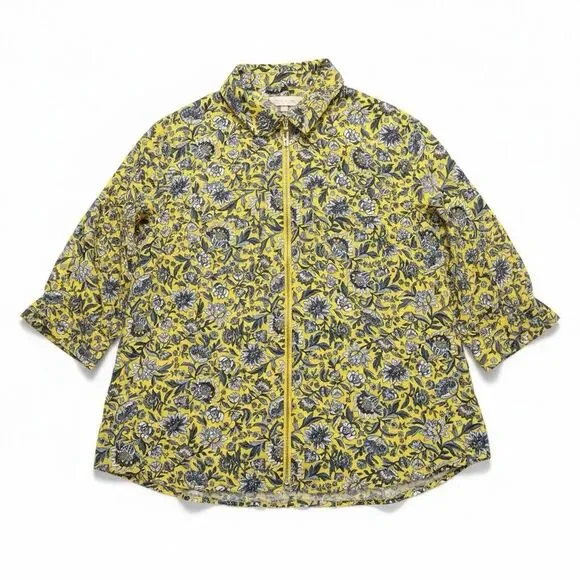 Michael Kors Womens 2X Floral Zip Front Shirt Jacket Shacket Yellow