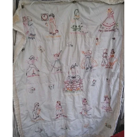 Vintage Hand Embroidered Baby Quilt Blanket Mother Goose Nursery Rhyme Motif...