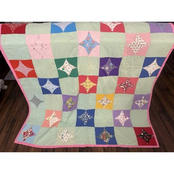 VTG Handmade Patchwork Quilt Diamond Floral Star‎ Pattern Boho Farmhouse 60x74