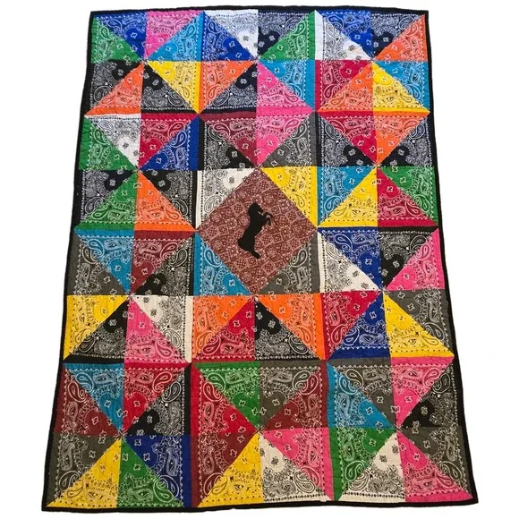 Handmade Bandana Patchwork Quilt Horse Applique Multi Color Minky Back 68x51