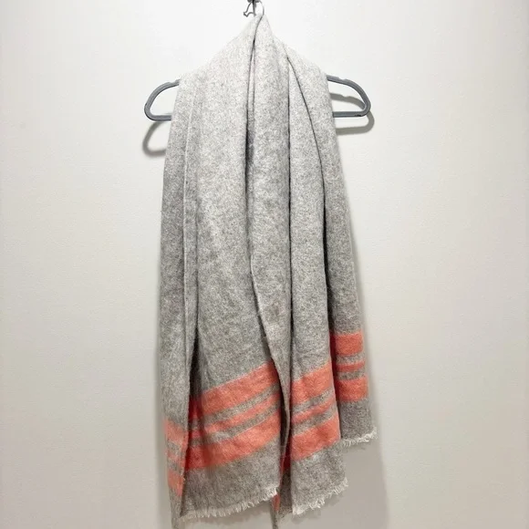 LOFT Gray/Taupe with Coral Stripe Accent Frayed Scarf Coastal Preppy NEW