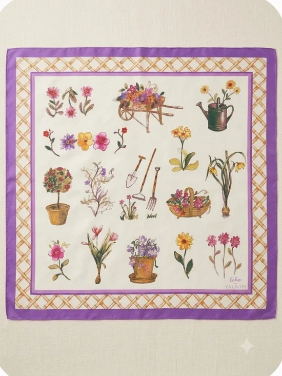 Echo Talbots Floral Garden Silk Scarf in Purple & Cream