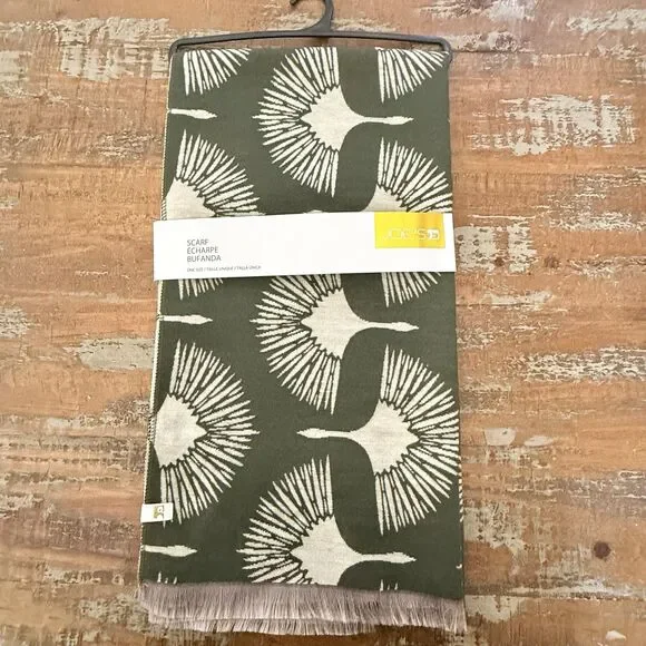JOE’S Olive Green & Tan Art Deco Swan Design Fringe Lightweight Scarf  1 Sz New
