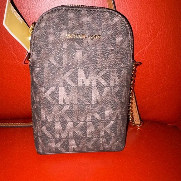 Michael Kors “Jet Set” Brown Logo Crossbody with Gold Hardware