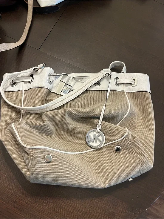 Michael Kors Beige Canvas Shoulder Bag with White Trim