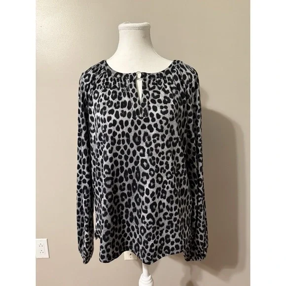 Michael Kors Women's Animal Print Long Sleeve Blouse V-Neck Silver Detail Sz M