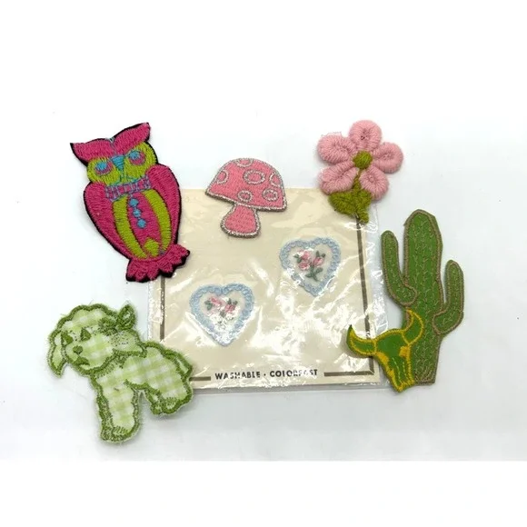 Vintage 60's Hippy Lot of 7 Patches Owl Flower Mushroom Lamb Cactus & Hearts