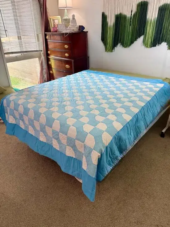 Vintage Hand-Stitched Blue and White Bowtie Patchwork Quilt Full