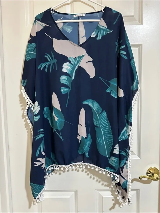 ADREAMLY Tropical Leaf Pom Pom Kimono Cover Up, Navy & Teal, Boho Beach