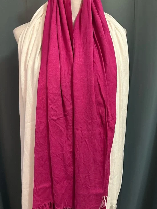 Bundle of 2 Pashmina Style Fringe Scarves Shawls Wraps Pink & White One Size