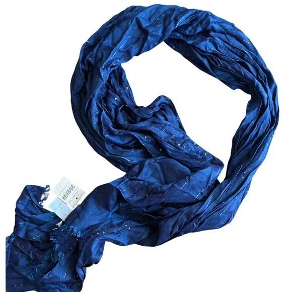 Coldwater Creek Sequin Sparkle Scarf Navy Blue Silver Metallic Pinstripe NWT