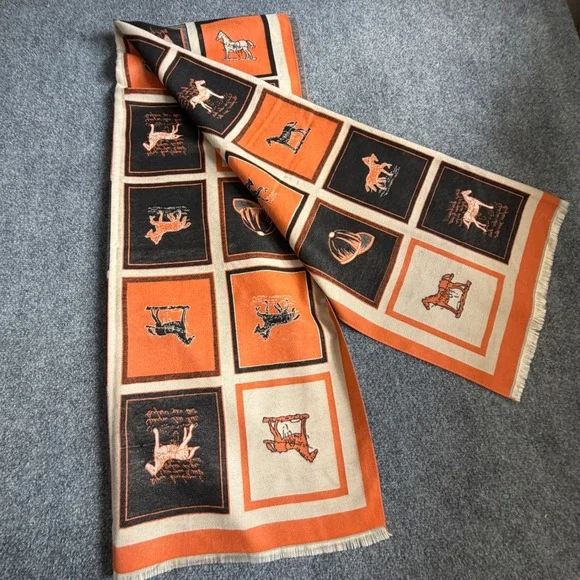 Equestrian Horse Print Scarf Faux Cashmere Shawl Orange Black Beige 71x27.5