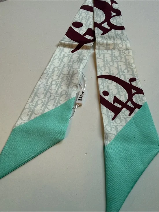 Cream,Seafoam & Burgundy Silk Twilly Scarf 39”