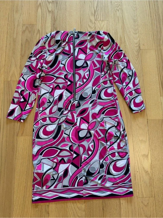 Michael Kors Pink Black White Geometric Print Long Sleeve Dress