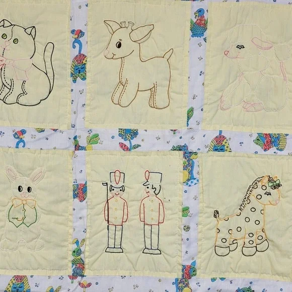 Vtg Hand Embroidered Baby Quilted‎ Blanket Animals Nursery Rhyme Decor Nostalgia