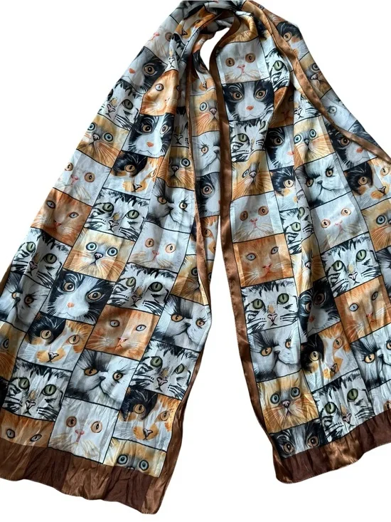 Cat Face Print Lightweight Scarf in Brown, Orange, Gray made in Korea