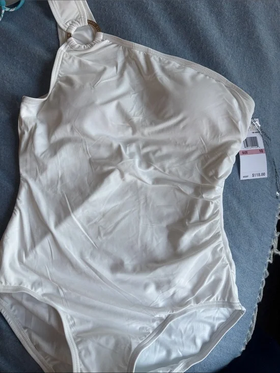michael michael kors white one shoulder one piece swimsuit size 10 nwt