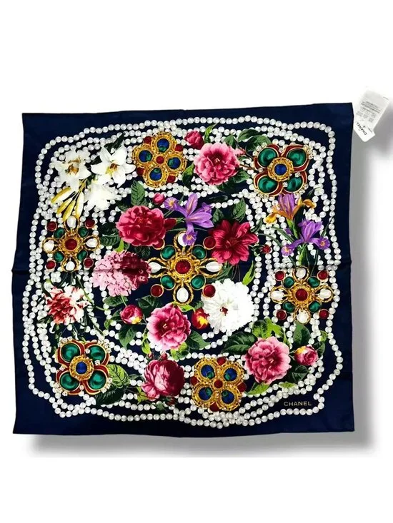 Chanel Scarf 26 Cruise Silk Flower & Pearl Logo Black